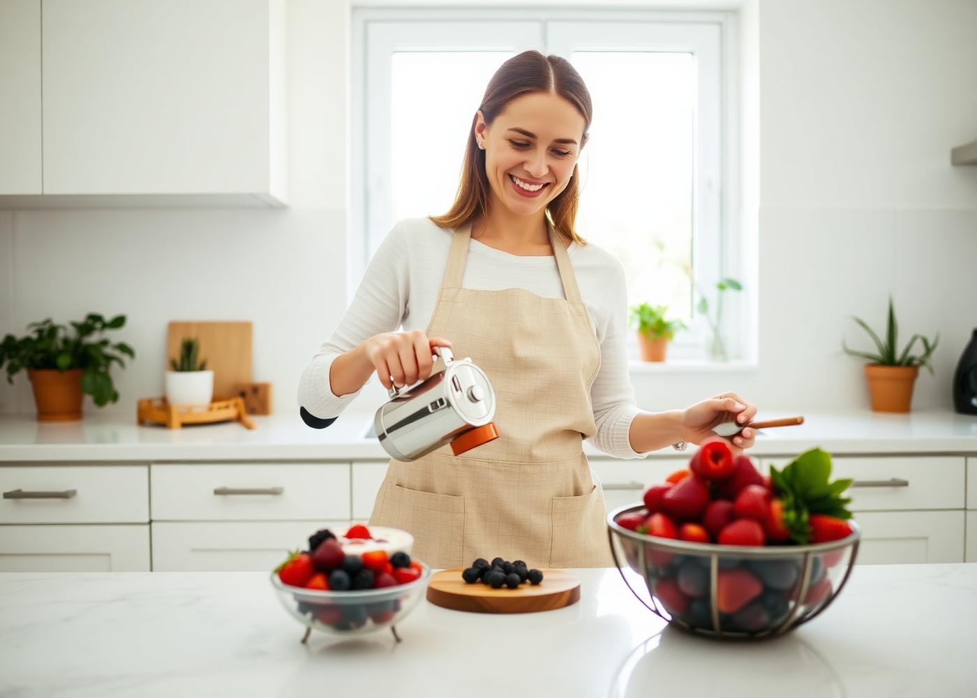 Woman in modern kitchen preparing coffee