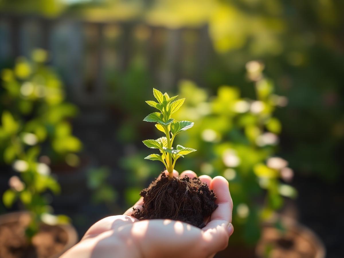 Hand holding a young stevia plant